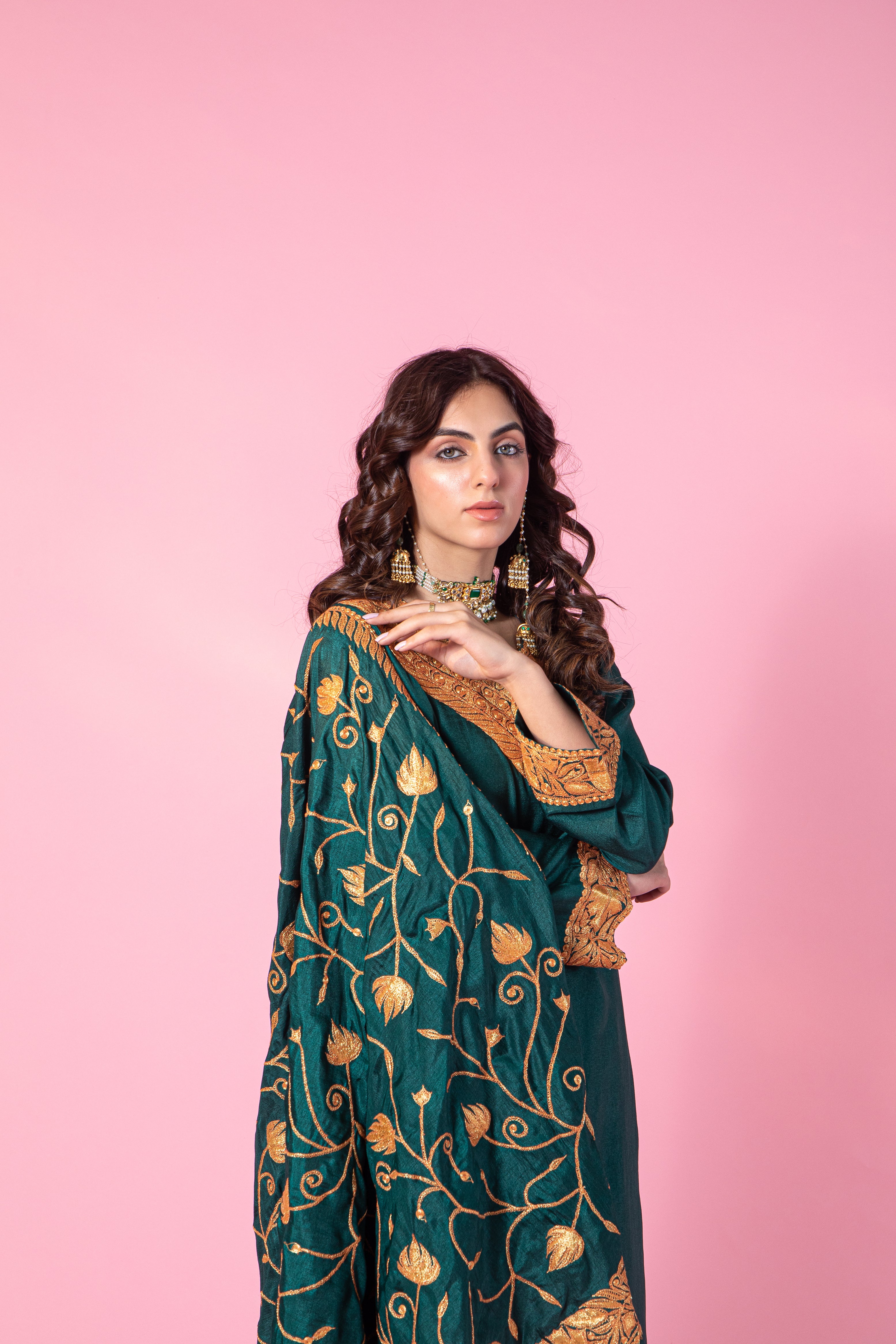 Resham Green Silk Kurta Set With Straight Pants