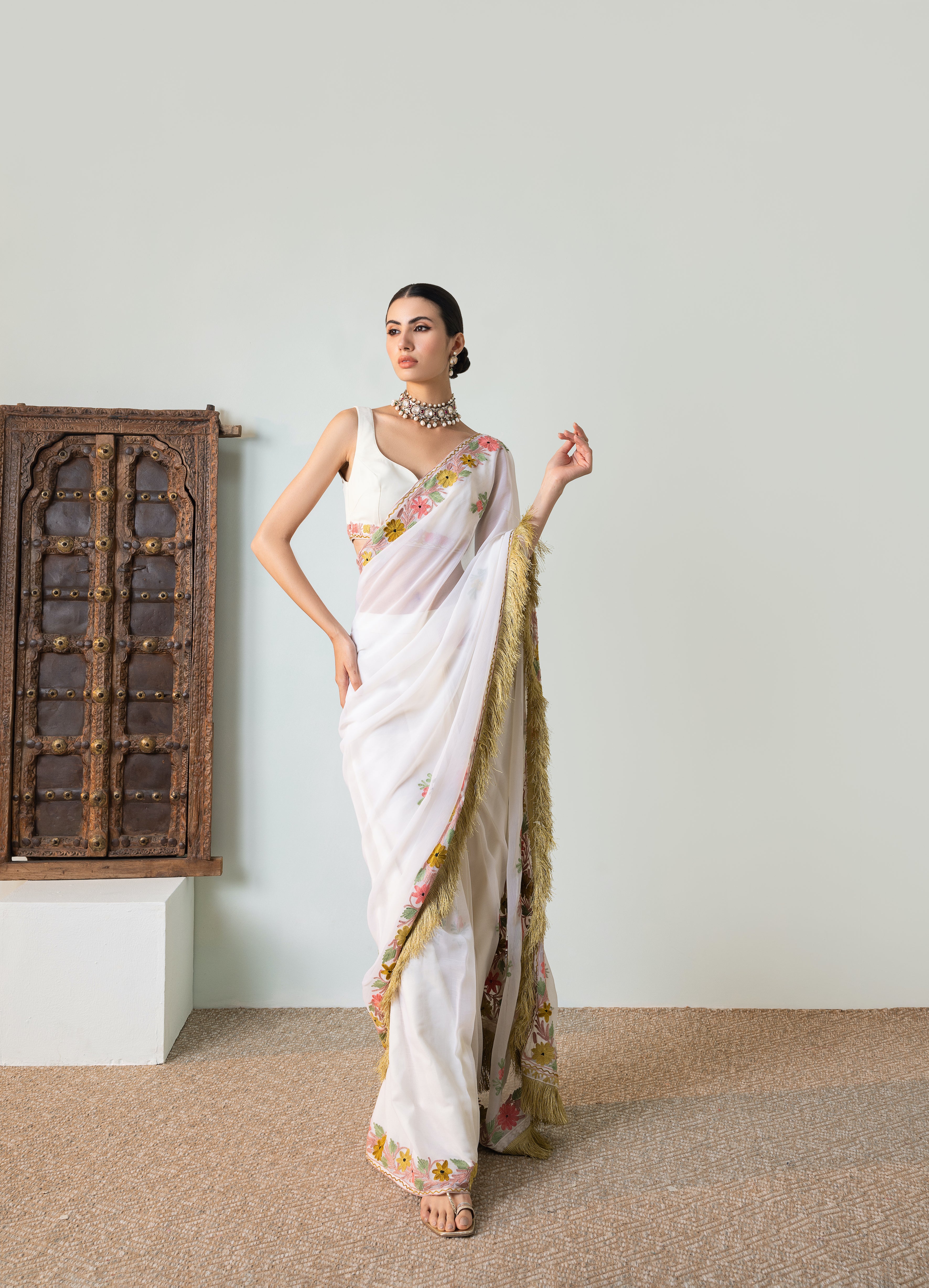 Off white chiffon hotsell saree with golden border